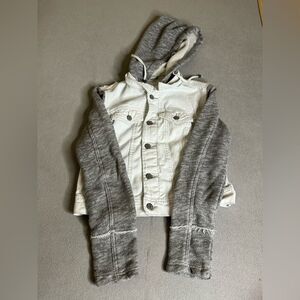 Free People White and Grey Jean Jacket Distressed Denim Detachable Hood Size XS